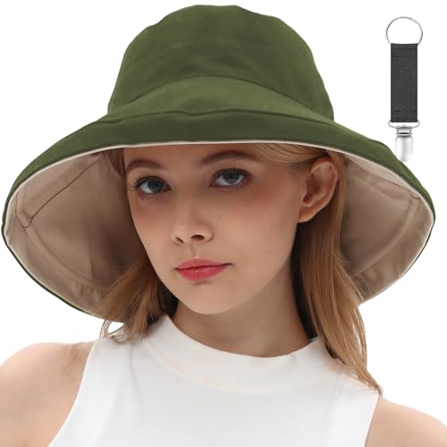 Womens Sun Hats Wide Brim Reversible Bucket Cotton Hat Packable Summer Travel Cap with Hat Clip (Large / Army Green+beige)