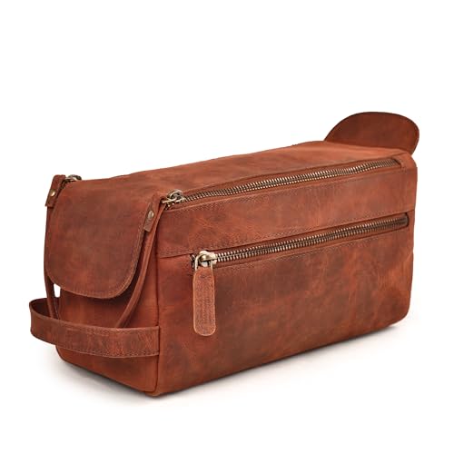 Genuine Leather Toiletry Travel Bag For Men & Women (Red Brown / 10"X5")