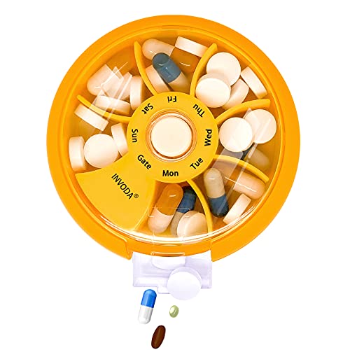 Weekly Pill Organizer 7 Compartment Rotating Pill Box for Daily (Orange+bag)