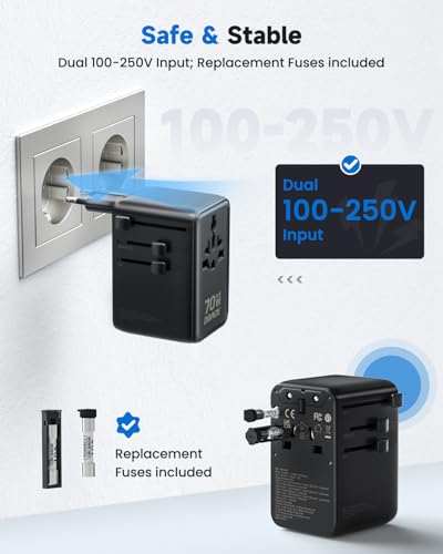 70W GaN Universal Travel Adapter with USB (Dark Black)