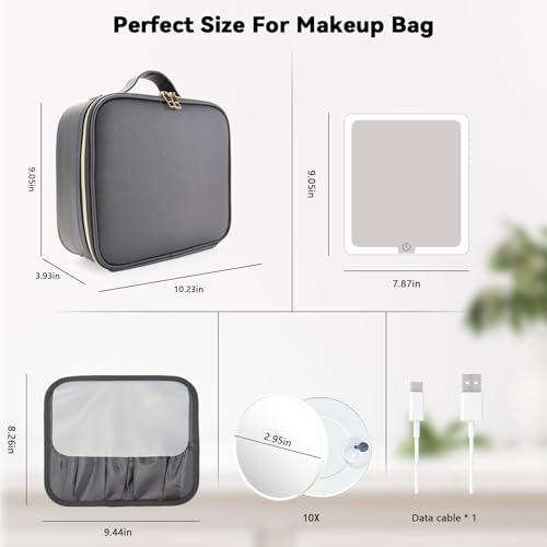 Travel Makeup Bag with LED Mirror and 10x magnifying glass with 3 Lighted Settings (Black / With LED Mirror and 10x Magnifying Glass)