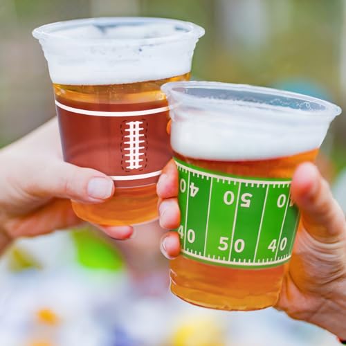 100 Pcs 16oz Football Plastic Cups (Green and Brown)