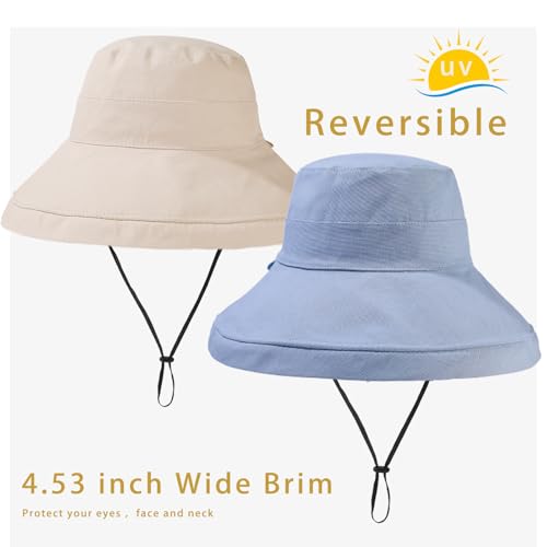 Womens Sun Hats Wide Brim Reversible Bucket Cotton Hat Packable Summer Travel Cap with Hat Clip (Medium / Medium-beige+blue)