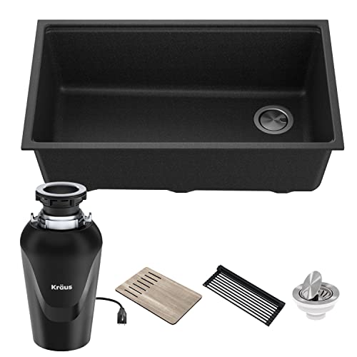 Bellucci Workstation 32 in. Undermount Granite Composite Single Bowl Kitchen Sink in Metallic Black with Accessories with WasteGuard™ Continuous Feed Garbage Disposal (Black / 32 Inch / Sink and Garbage Disposal 3/4 HP)