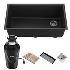 Bellucci Workstation 32 in. Undermount Granite Composite Single Bowl Kitchen Sink in Metallic Black with Accessories with WasteGuard™ Continuous Feed Garbage Disposal (Black / 32 Inch / Sink and Garbage Disposal 3/4 HP)
