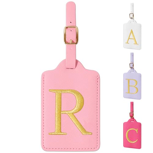 Personalized Initial Luggage Tags for Suitcase (Pink Leather,glod Letter / R)