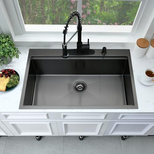 33x22 Black Drop In Kitchen Sink Workstation Stainless Steel Sink (33"L x 22"W x 10"D / Black)