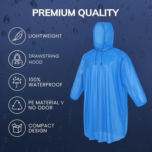 Rain Ponchos with Drawstring Hood Disposable Emergency Poncho for Adults (Blue)