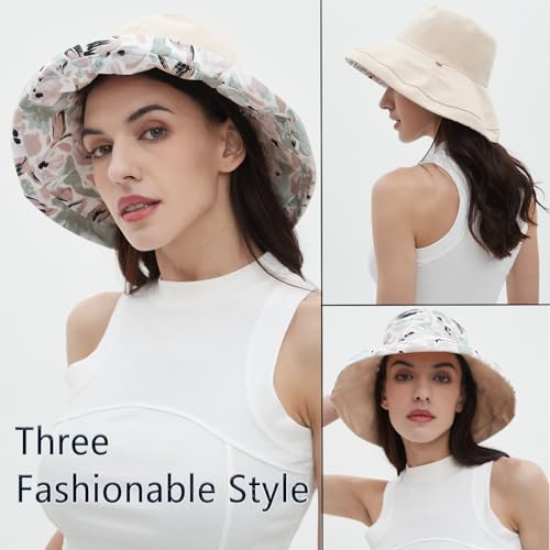 Womens Sun Hats Wide Brim Reversible Bucket Cotton Hat Packable Summer Travel Cap with Hat Clip (Medium / Beige)