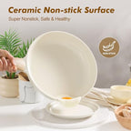 9.5inch Ceramic Nonstick Frying Pan Paella Pan with Lid (9.5 Inch / CREAM White)
