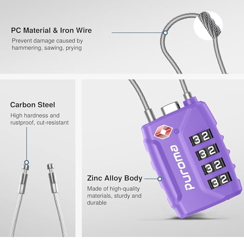 2 TSA Approved Luggage Locks 4 Digit Code Cable Lock Basic Purple (Basic Purple)