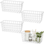 Hanging Kitchen Baskets For Storage Adhesive Sturdy Small Wire Storage Baskets No Drilling Wall Mounted Kitchen Food Pantry Bathroom Shelf Storage (White / 4 PACK)