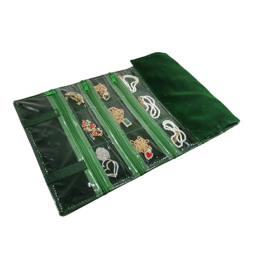 Travel Jewelry Roll Bag Portable Organizer Pouch With Grids&PVC Cover Storage Bags for Necklace (Blackish Green Velvet 29 Grids)