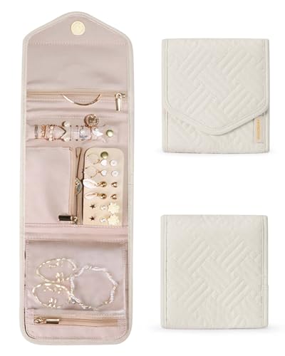 Travel Jewelry Organizer Case Foldable Jewelry Roll (Small / Beige)