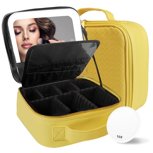 Travel Makeup Bag Cosmetic Bag Makeup Organizer Bag with Lighted Mirror (Yellow / Woven)