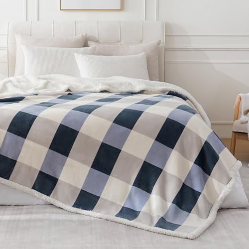 Sherpa Throw Blanket Reversible Large Big King Size Flannel Blankets for Bed (Grey-blue / 90"*108")