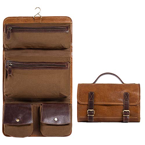 Premium Buffalo Leather Hanging Toiletry Bag Travel Dopp Kit (Yellow Tan)