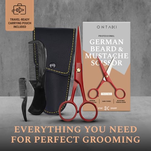 5" Beard & Mustache Scissor with Combs for Men (True Red)
