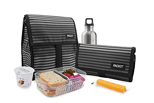 Freezable Lunch Bag (Gray Stripes (Pack of 1) / 8-Inch)