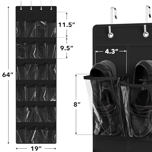 24 Pockets Clear Over the Door Shoe Organizer (Large Pockets / Black)