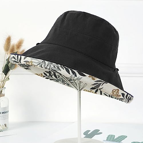 Women Floral Reversible Wide Brim Sun Hats Summer UV Protection Hiking Fishing Hat Wired Edge Beach Garden Lawn Work Cap Chin Strap (Medium / Qf002-black)