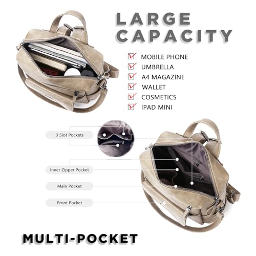 PU Leather Small Backpack Purse for Women Ladies Beige (Beige)