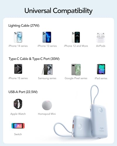Portable Charger 20000mAh 30W Fast Charging with 2 Cables (Blue)