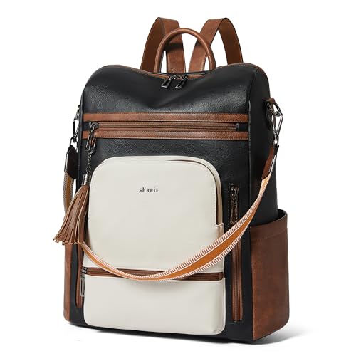 Vegan Leather Laptop Backpack for Women 15.6 inch Work Backpack Fashion Travel Backpack Purse for Business College (Black With Brown and White)