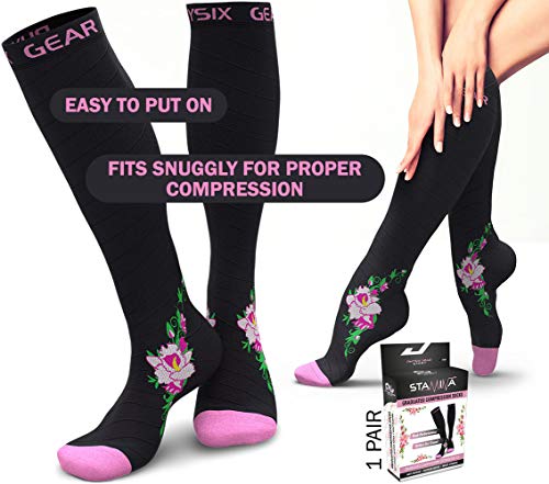 Physix Gear Compression Socks (Black/Pink Flower / Large-X-Large)