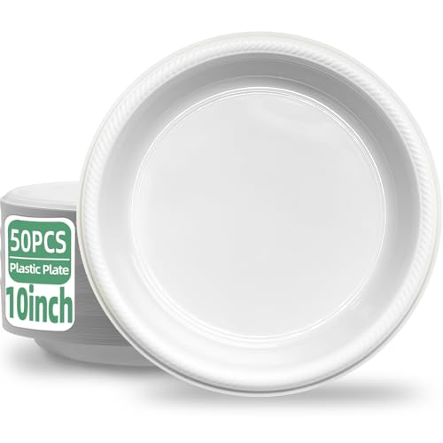 50 Pcs 10 Inch White Plastic Plates (White / 50 Pcs)