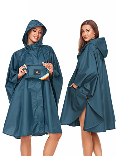 Unisex Rain Poncho Hooded Waterproof Raincoat for Adults Women (Deep Blue)