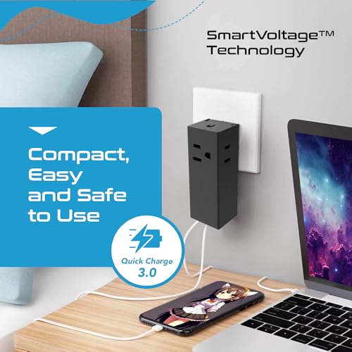 65W World Travel Adapter 3 USB Ports PD 3.0 Ultra Compact Charger 2 US Outlets [GaN Tech] (Black)