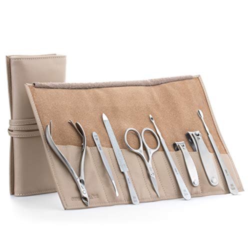 8pc Complete Manicure & Pedicure Set (8-Pc: Combo Scissor, Sapphire File, Pusher / Beige Leather Roll)
