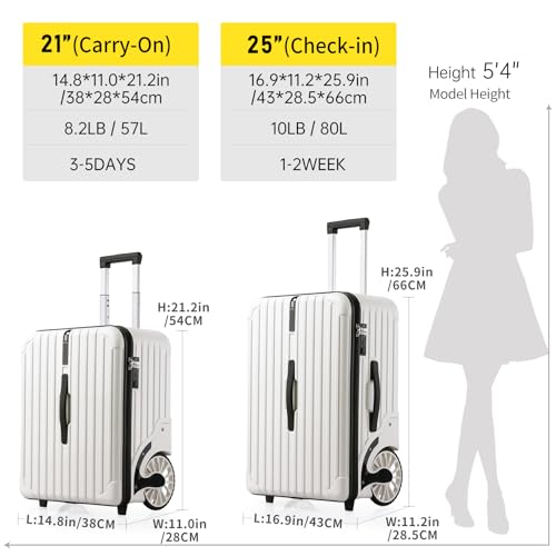Extra Large Wheels Carry On Luggage Hard Shell Suitcase Top Opening Hardside Frame Travel Luggage with TSA Lock (White / 21-Inch)