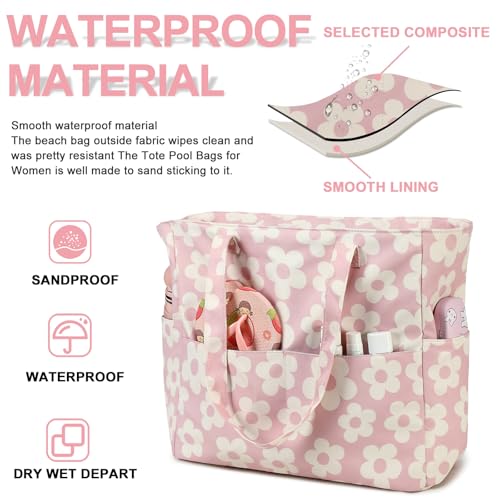 Waterproof Beach Tote Pool Bags for Women Ladies Extra Large Gym Tote Carry On Bag With Wet Compartment for Weekender Travel (Beige Flowers)