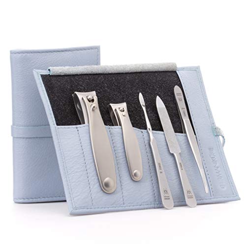 5pc Manicure & Pedicure Set (5-Pc: Finger+Toe Clipper, Tweezer, Sapphire / Light Blue Leather Roll)