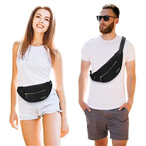 Fashion Cross body Fanny Pack Shoulder Bag for Women Men with Gold Zipper (Black(upgrade Fabric Gold Metal Zipper) / Large)
