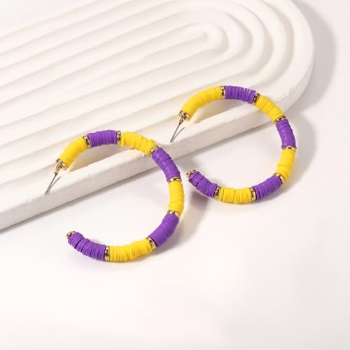 Game Day Earrings Football Baseball Earrings for Women Sports Team Heishi Hoop Earring Football Accessories Outfits Cheer Mom Essentials Fall Sports Must Haves Cheer Gifts (Purple Yellow)
