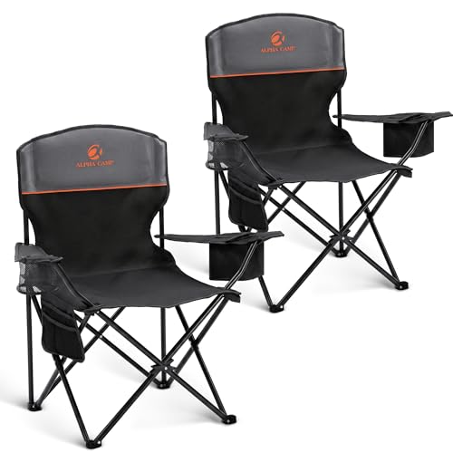 2 Pack Folding Camping Chair with Cooler Bag & Lumbar Support (Black&grey)