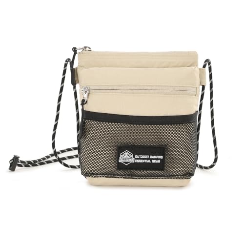 Crossbody Sling Bag for Women Men with Secure Elastic Strap (Beige)