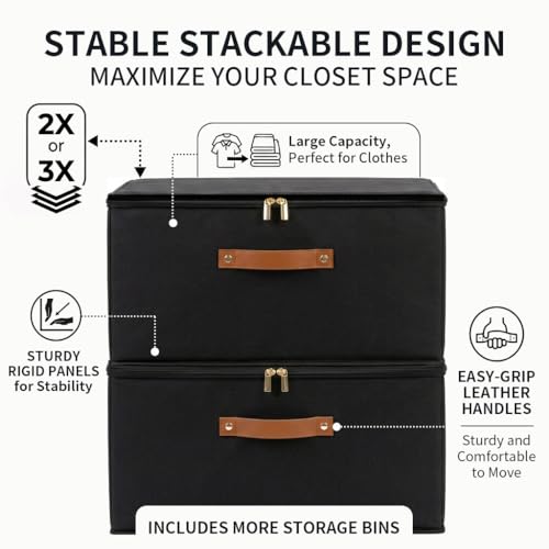 3 Pack Foldable Storage Bin with Lid (Black / XXL-56L)