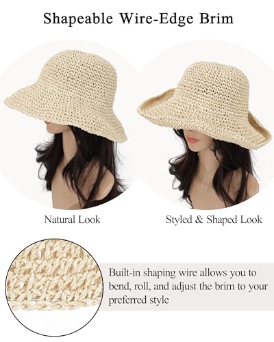 Womens Crochet Straw Sun Hat Foldable Floppy Wide Brim Beach Hat for Summer (One Size / Beige)