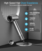 Hair Dryer Negative Ionic Blow Dryer with 150000 RPM High Speed Brushless Motor for Fast Drying (Dark Gray)