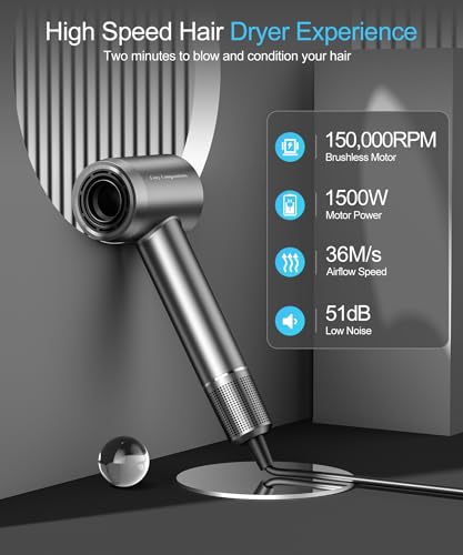 Hair Dryer Negative Ionic Blow Dryer with 150000 RPM High Speed Brushless Motor for Fast Drying (Dark Gray)