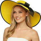 Womens Bowknot Straw Hat Foldable Beach Sun Hat Roll up UPF 50+ (Big Bow / Yellow+black 5.9" Brim)