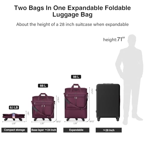 Expandable Luggage Bags for Travel Collapsible Suitcase with Wheels (Purple)