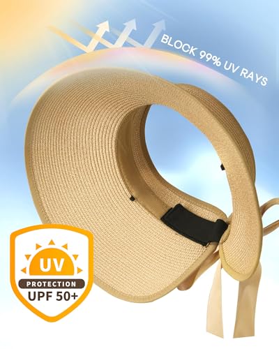 Women's Straw Sun Visor Hat UPF Wide Shade Ponytail Summer Hat (One Size / 01-popular Choice Khaki)