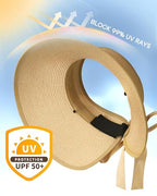 Women's Straw Sun Visor Hat UPF Wide Shade Ponytail Summer Hat (One Size / 01-popular Choice Khaki)