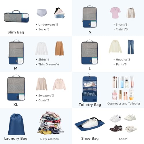4 Set/6 Set/8 Set Compression Packing Cubes Travel Accessories Expandable Packing Organizers(HalfMesh,8-Navy) (8-Navy / Half Mesh)
