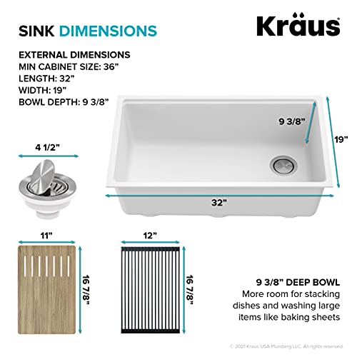 KGUW1-33WH-100-100, Bellucci Workstation 32 in. Undermount Granite Composite Single Bowl Kitchen Sink in White with WasteGuard 1 HP Continuous Feed Garbage Disposal and Accessories (White / 32 Inch / Sink and Garbage Disposal 1 HP)